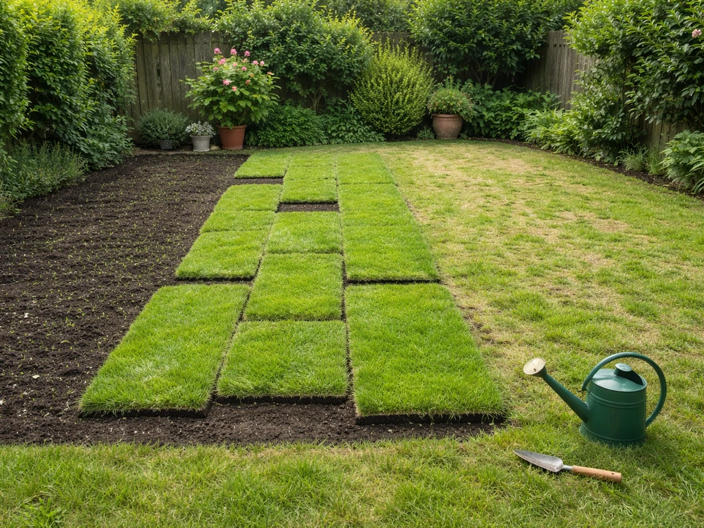 Pelouse fraîche au printemps, vue rapprochée d’un jardin simple pour illustrer semis, rouleaux et regarnissage