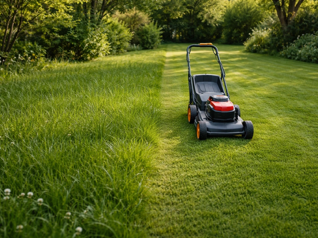 Pelouse avant/après : tondeuse réglée pour une coupe par tiers, herbe à hauteur différente.