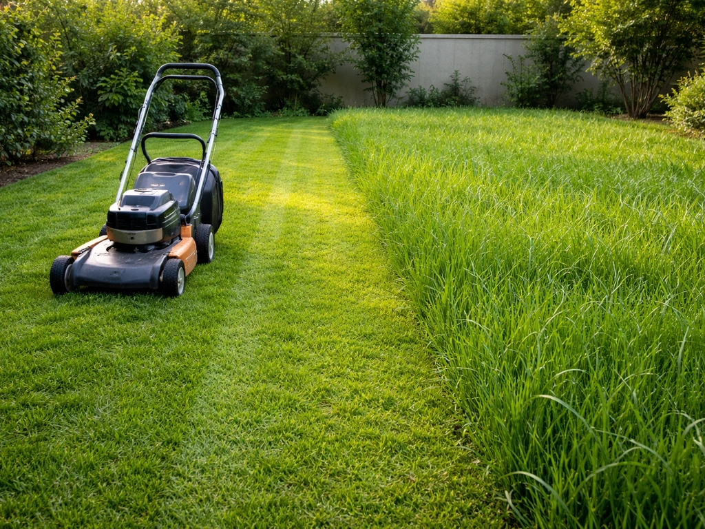 Jardin domestique avec une pelouse récemment tondue, brins hauts puis repassage, progression visible.