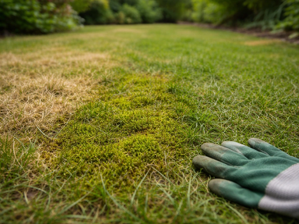 Plan rapproché d’une pelouse avec zones jaunies et clairsemées, mousse et sol compact visibles, diagnostic de jardin.