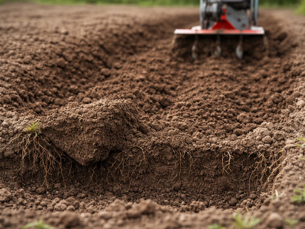 Coupe latérale d’un sol labouré : mottes retournées et profondeur d’environ 15–20 cm.