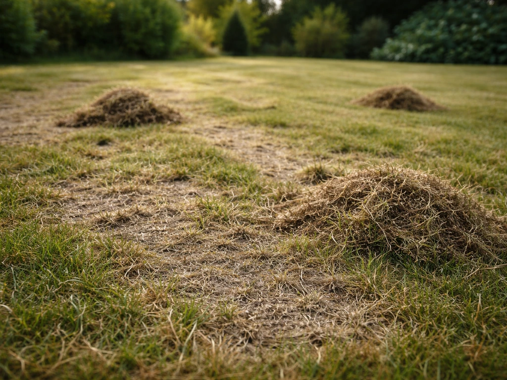 Pelouse dense après ratissage gazon, feutre gris et débris végétaux visibles, sol préparé dans un jardin.