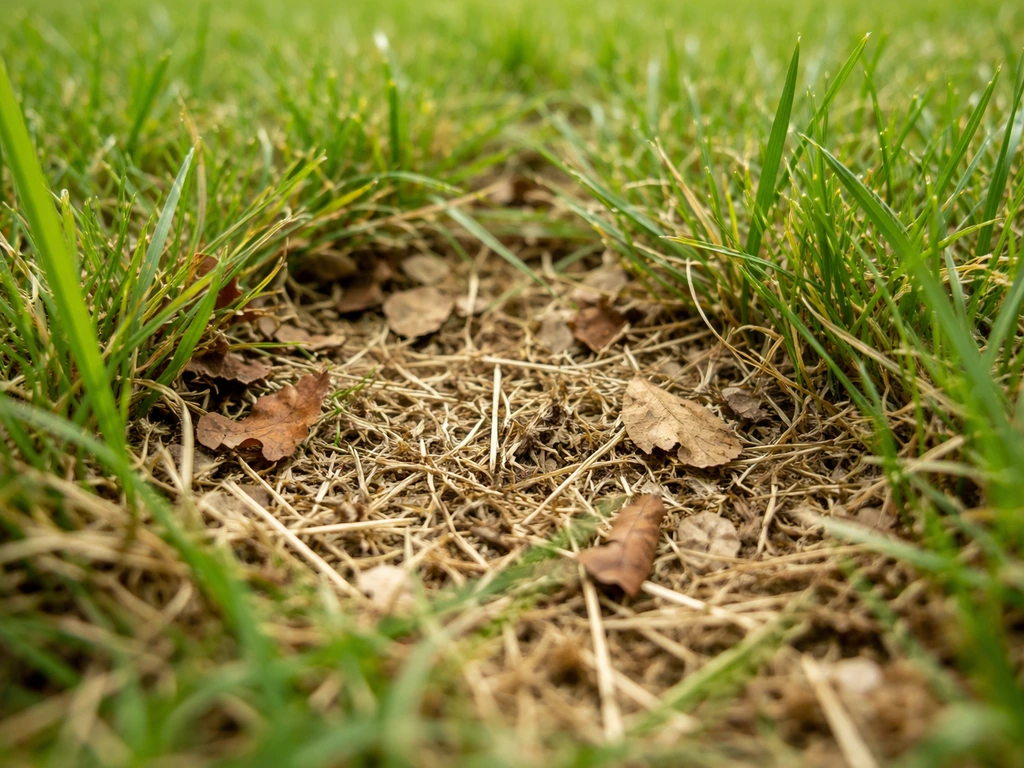 Gros plan de résidus et feuilles mortes entre les brins d’herbe avant ratissage