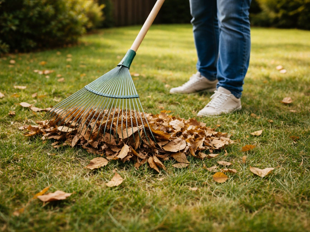 Râteau éventail à dents souples ramassant des feuilles mortes sur une pelouse, dans un jardin.
