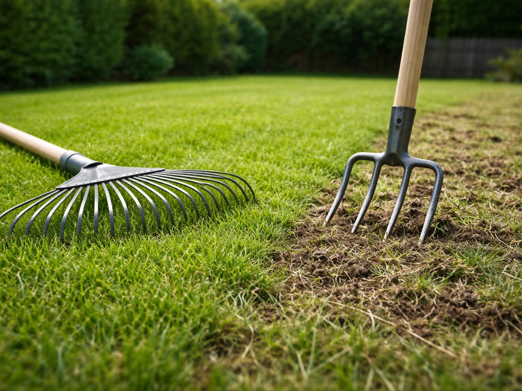 Deux outils sur une pelouse : râteau à dents souples vs scarificateur/aérateur, effet visible sur l’herbe.