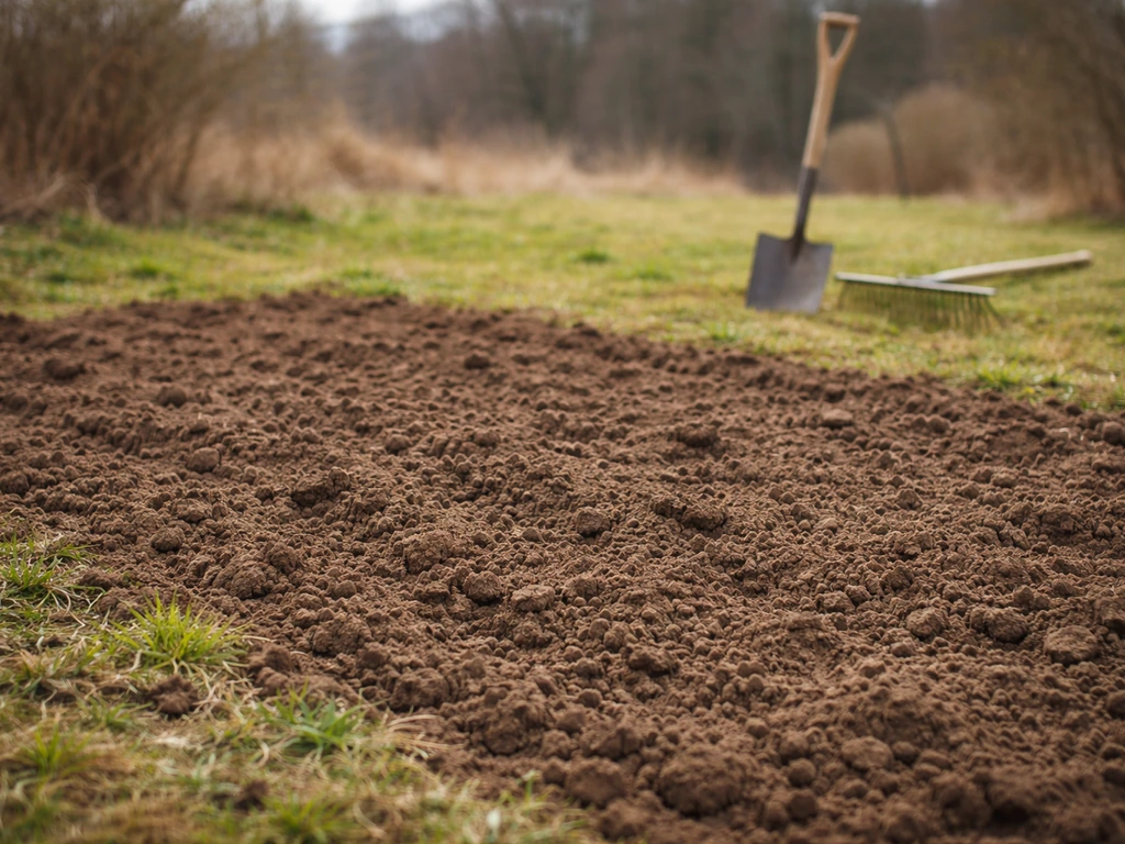 Parcelle de jardin avec terre fraîchement retournée pour préparer le semis d’un gazon, outils en arrière-plan.