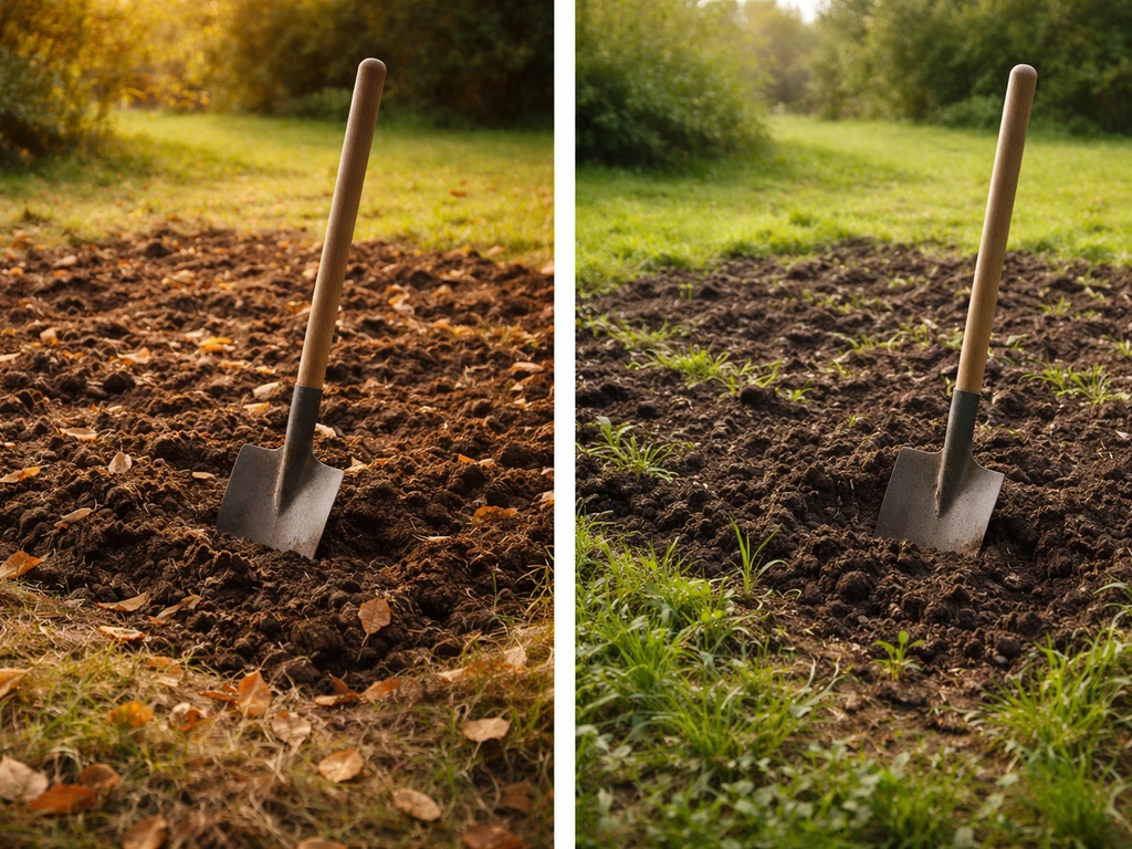 Deux parcelles côte à côte : terre retournée en automne puis au printemps, lumière chaude à gauche et verte naissante à
