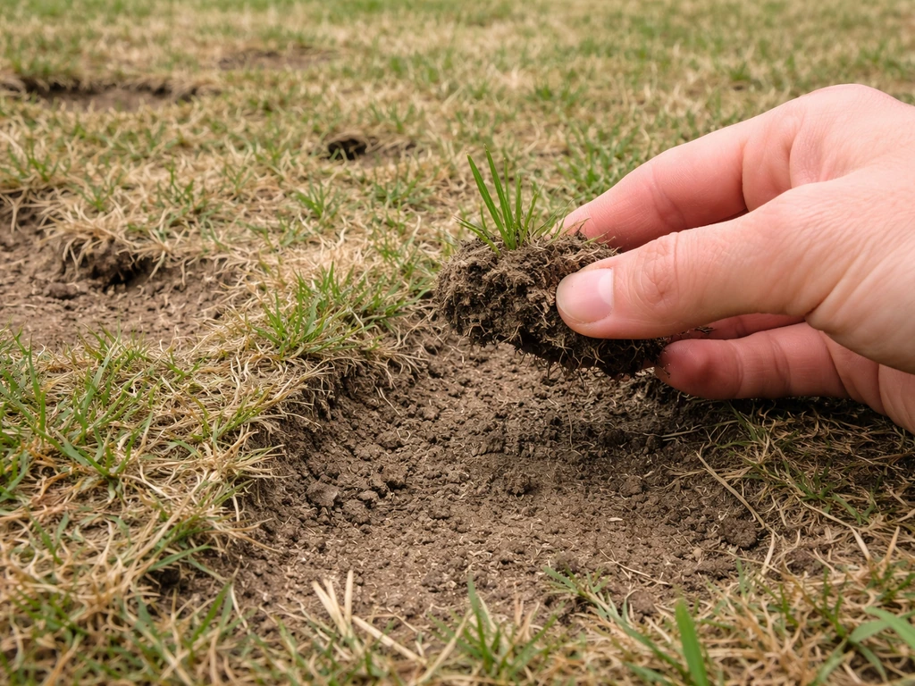 Gros plan d’une pelouse clairsemée avec terre dénudée, herbe jaunie et main montrant la zone au sol.