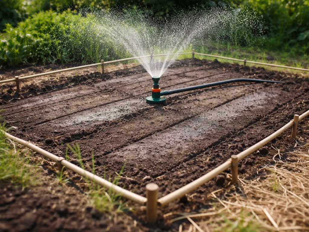 Arrosage en pluie fine après semis dans un potager, zones protégées et sol humide sans ruissellement.