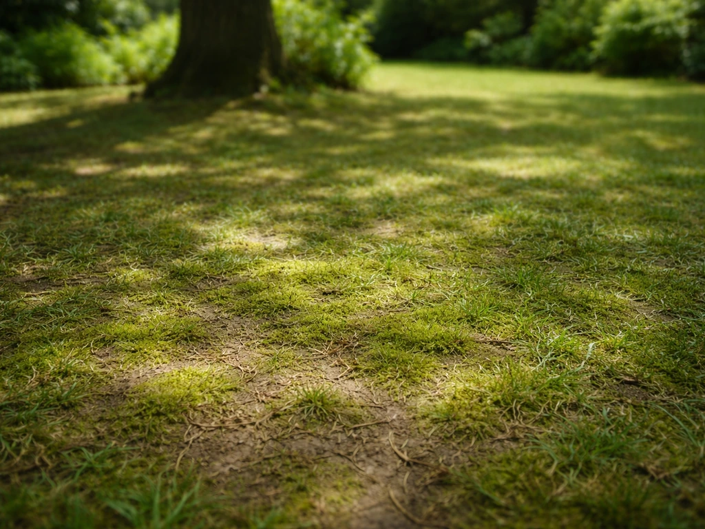 Gazon fatigué et mousse sous un arbre, zone ombragée et sol humide avec traces de piétinement
