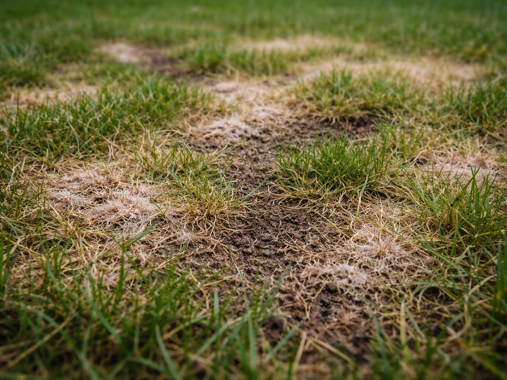 Pelouse avec zones irrégulières d’herbe morte et taches suggérant une maladie fongique, gros plan au ras du sol.