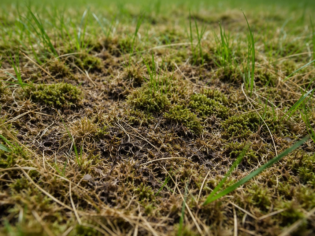 Gros plan d’une pelouse avec une couche de mousse et feutre entre les brins d’herbe.