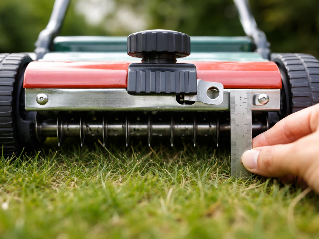 Scarificateur sur pelouse, profondeur réglée à environ 3 mm avec contrôle visuel près de 4 mm