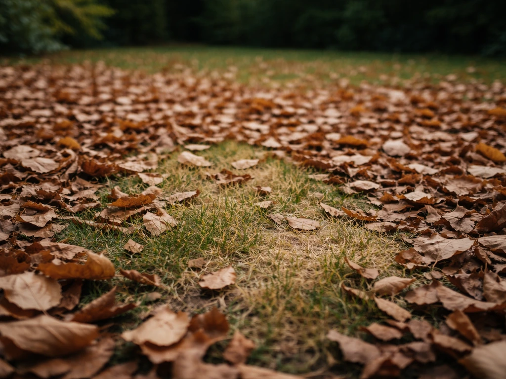 Pelouse jaunie et clairsemée sous une épaisse couche de feuilles mortes, vue au ras du sol.