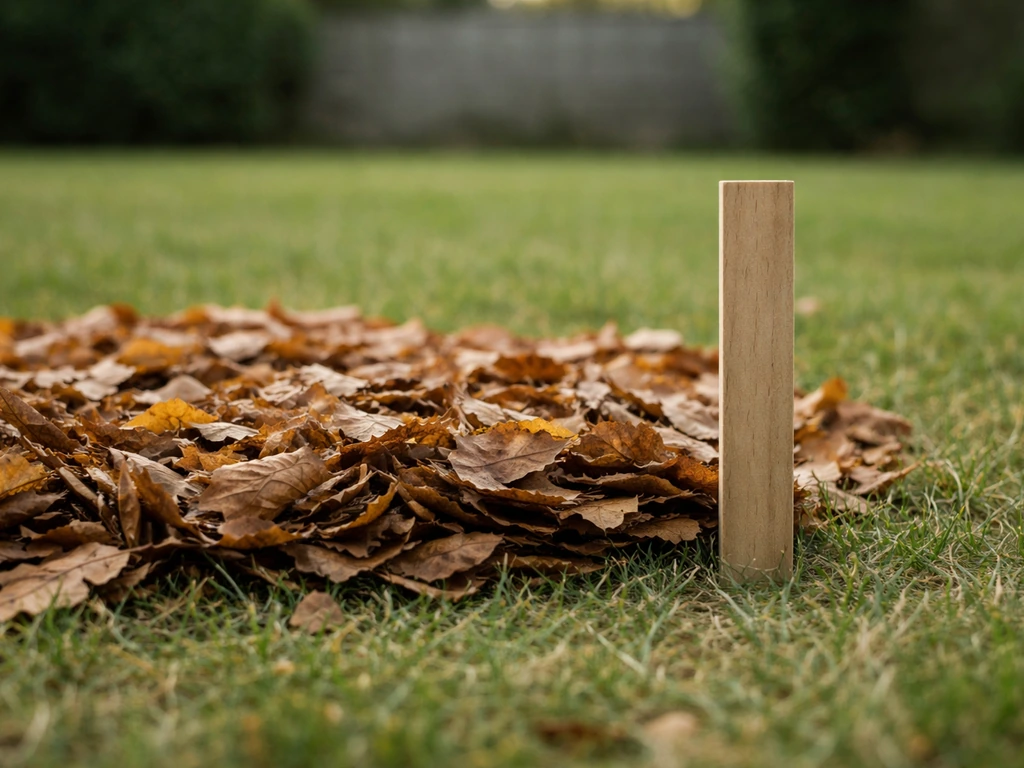 Pelouse avec une couche de feuilles mortes, une règle discrète pour estimer l’épaisseur avant de les ramasser.