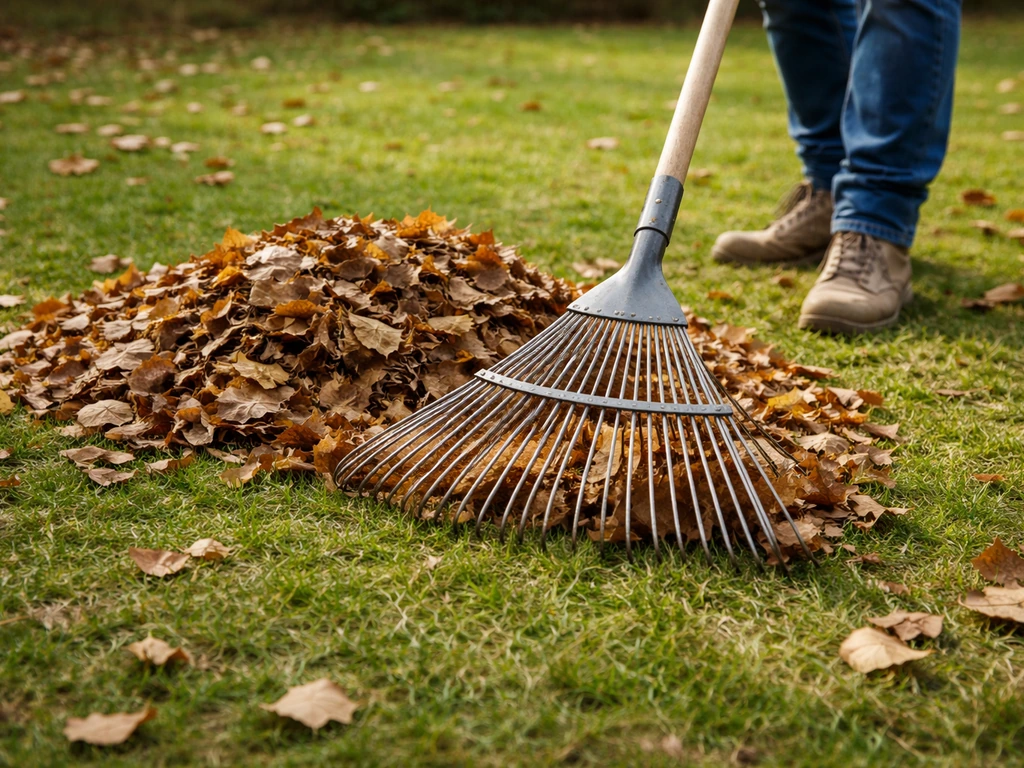 Un râteau à feuilles en éventail rassemble des feuilles sèches sur un petit gazon.