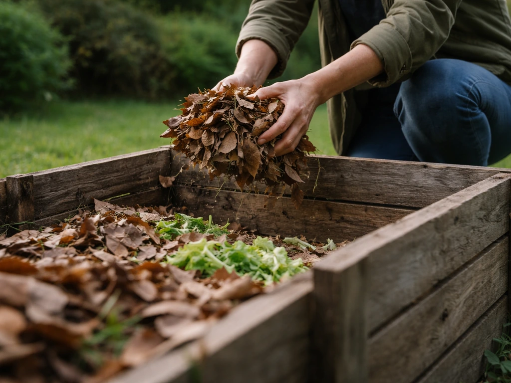 Feuilles mortes déposées dans un bac à compost en bois, avec un mélange de matières brunes et vertes.