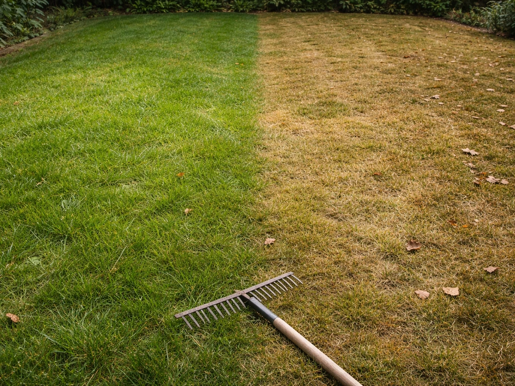 Pelouse de jardin avant et après scarification, vue minimaliste montrant le contraste printemps et automne