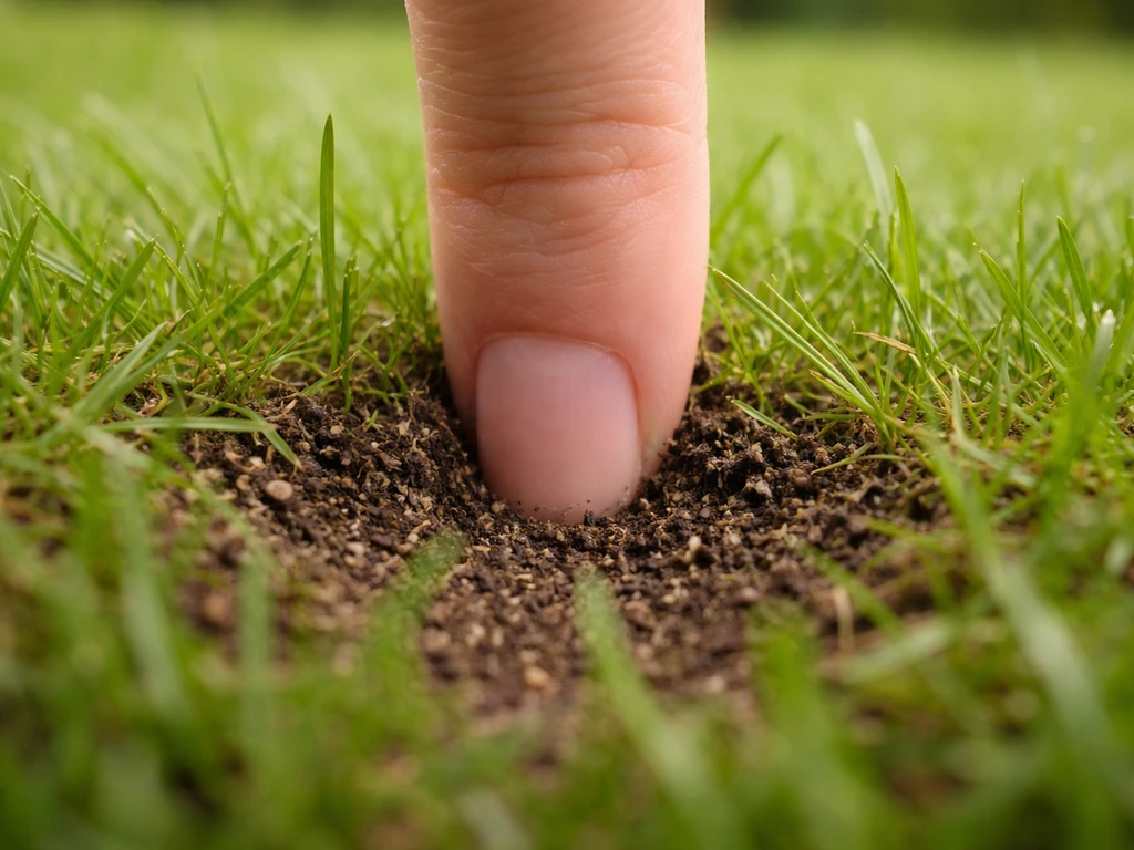 Doigt enfoncé dans la pelouse, sol légèrement humide à 2–3 cm, sans boue visible.