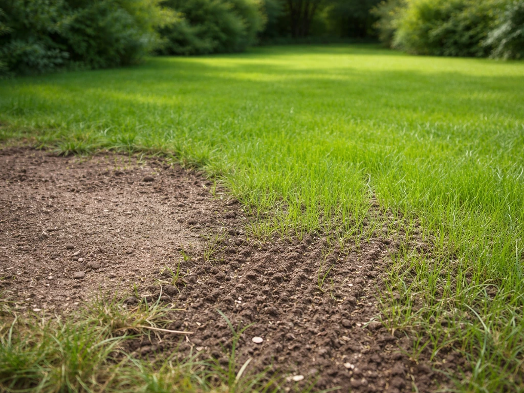 Zone de pelouse mise à nu puis regarnie, avec herbe verte en arrière-plan, vue réaliste jardin.