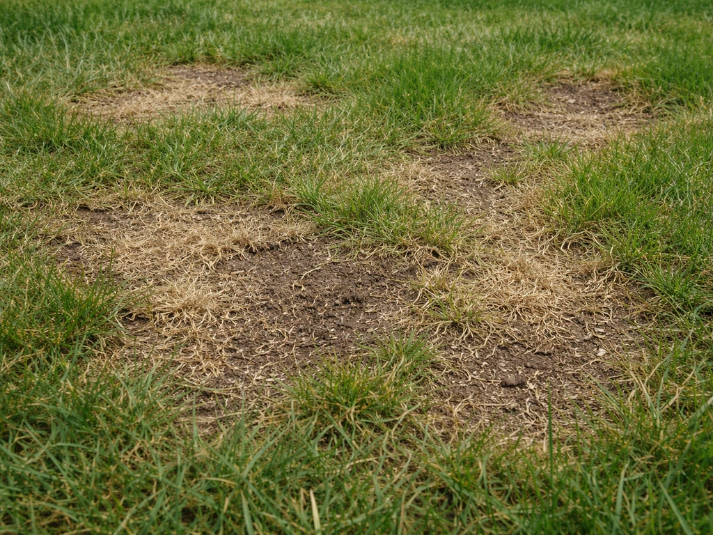 Gazon dégarni par plaques, avec zones jaunies et feutrage visible, vue rapprochée sur la pelouse
