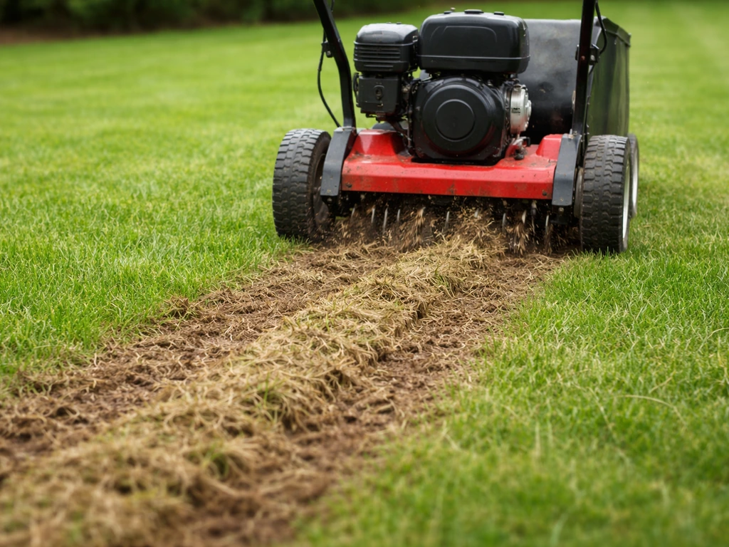 Scarificateur à lame travaillant le sol, feutrage qui se soulève en bandes dans un jardin