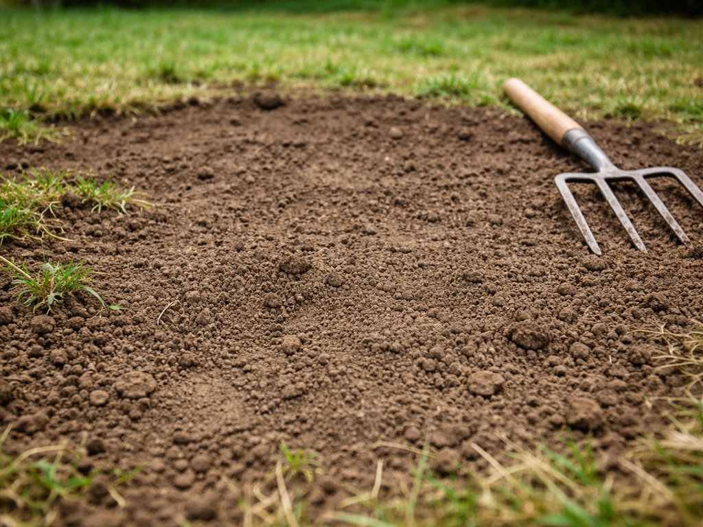 Petit carré de gazon gratté jusqu’au sol nu, mauvaises herbes vivaces retirées, prêt à être réparé.