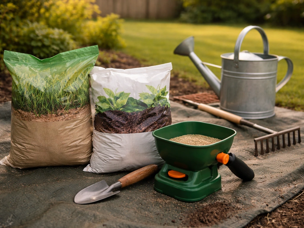 Sacs de graines et terreau, doseur de semences et outils de jardin sur une bâche, au premier plan.