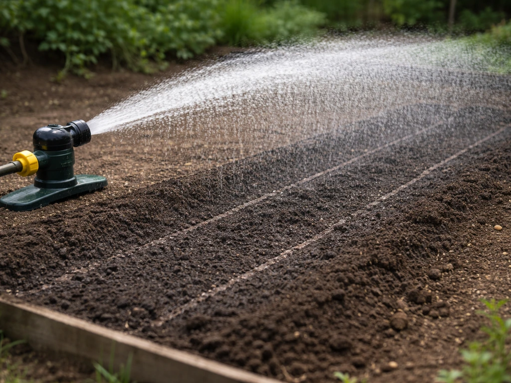Arroseur en pluie fine juste après le semis, sol sombre et humide dans un petit potager.
