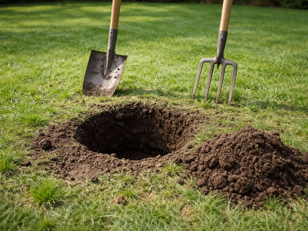 Trou net dans une pelouse verte, pelle et fourche-bêche à côté, terreau au premier plan pour réparation.