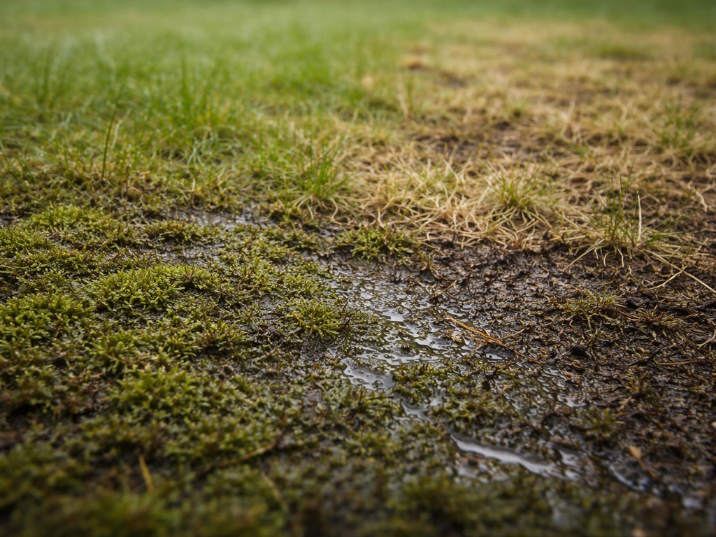 Feutre végétal épais et mousse sur une pelouse, avec une zone où l’herbe dépérit à côté.