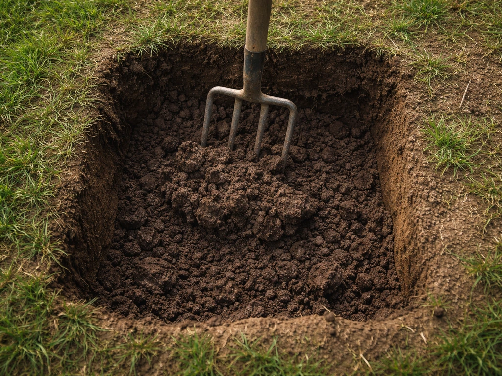 Vue plongeante sur un trou de jardin, sol ameubli avec une fourche-bêche et terre fraîche.