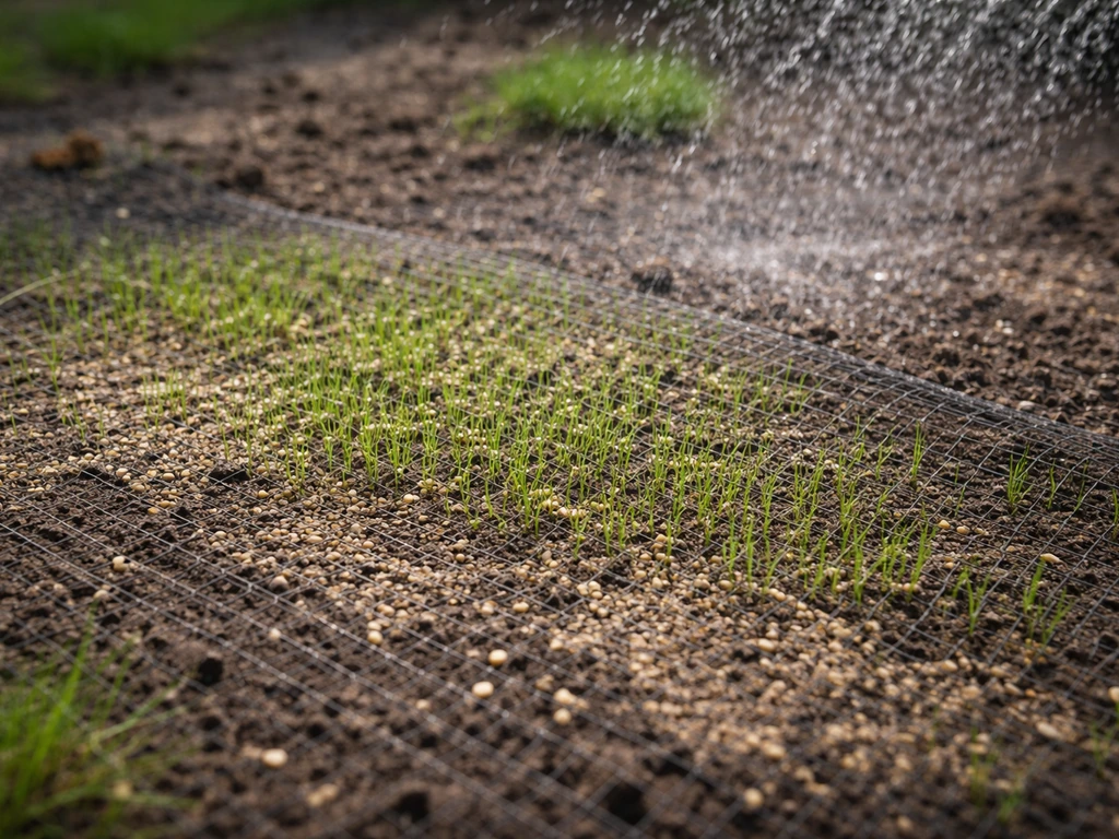 Pelouse fraîchement ressemée protégée par un filet anti-oiseaux, arrosage léger et herbe qui verdit.