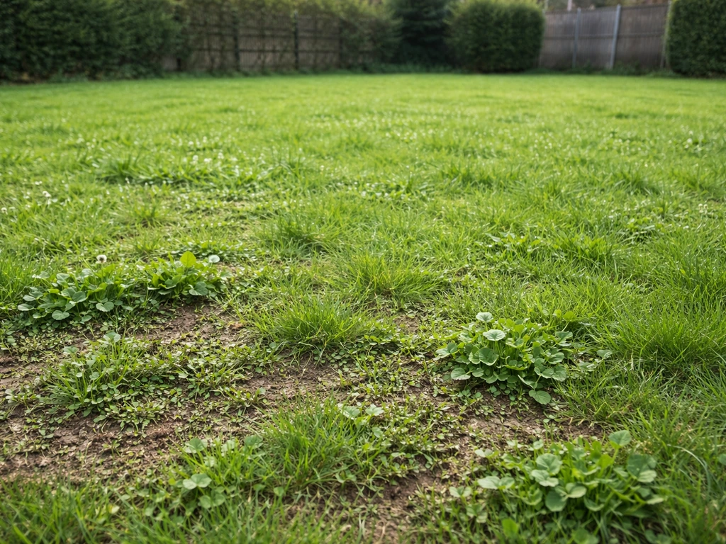 Pelouse de jardin en France partiellement envahie de mauvaises herbes, prête à être désherbée