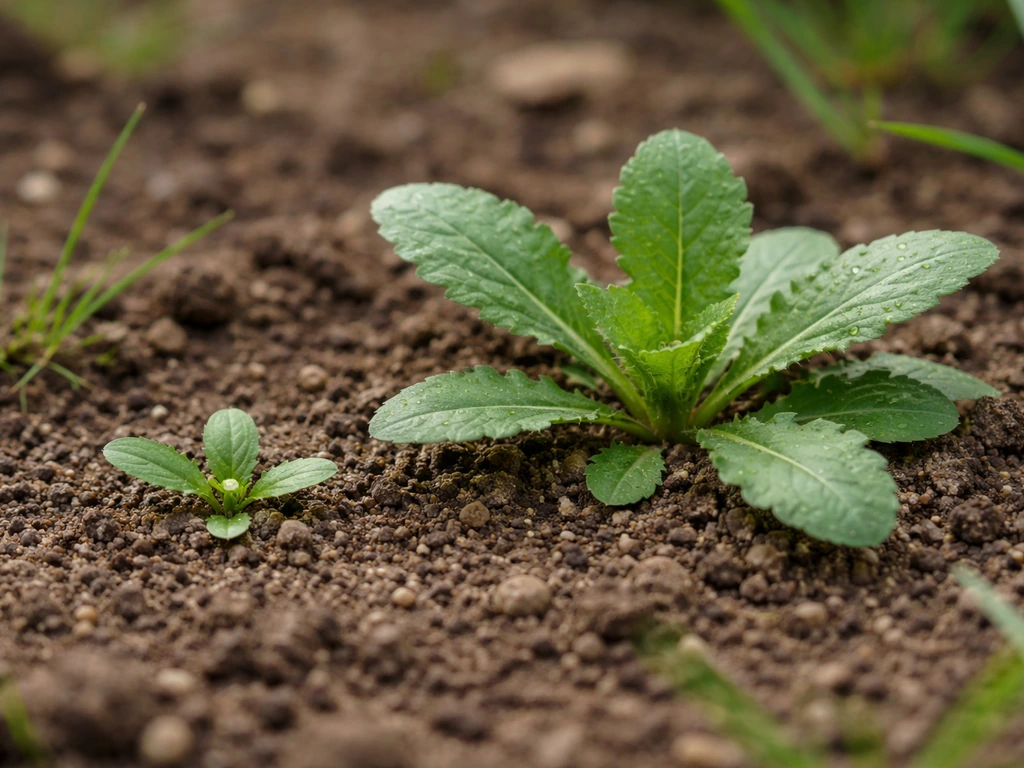 Plan rapproché d’une mauvaise herbe en pot, montrant une jeune plantule puis un pied plus développé au même endroit.