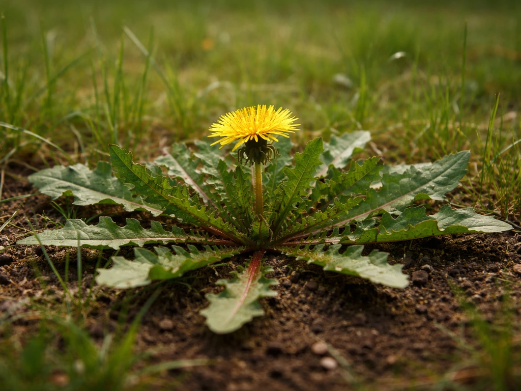 Gros plan sur un pissenlit dans une pelouse, rosette verte au ras du sol.