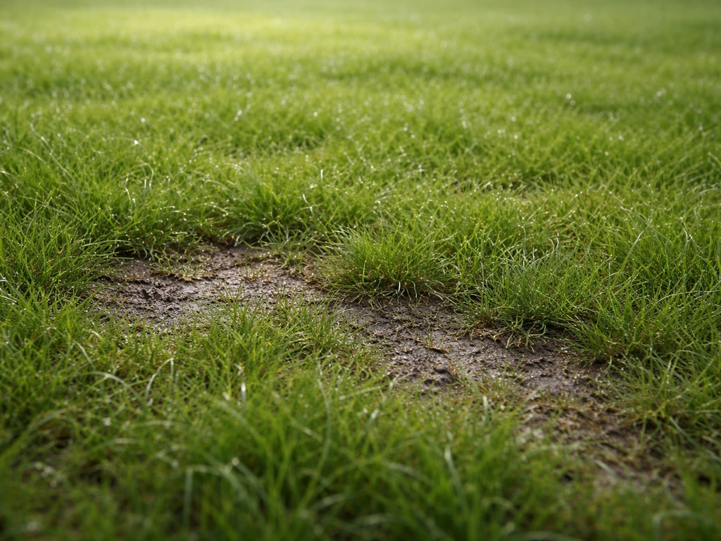 Sol et gazon légèrement humides après une pluie, herbe fraîche, ambiance calme sans vent.