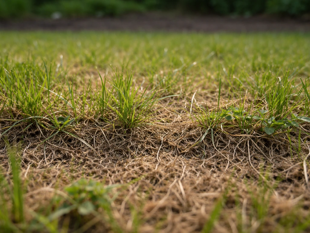 Gazon au ras du sol montrant une couche de feutre brunâtre entre les brins, avant scarification.