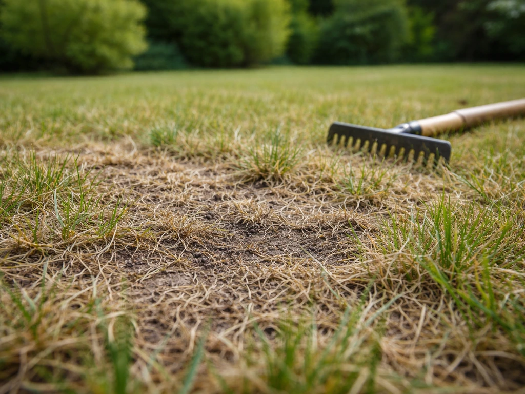 Gazon avec feutre sombre et chaumes, outil de déchaumage posé à côté sur l’herbe.