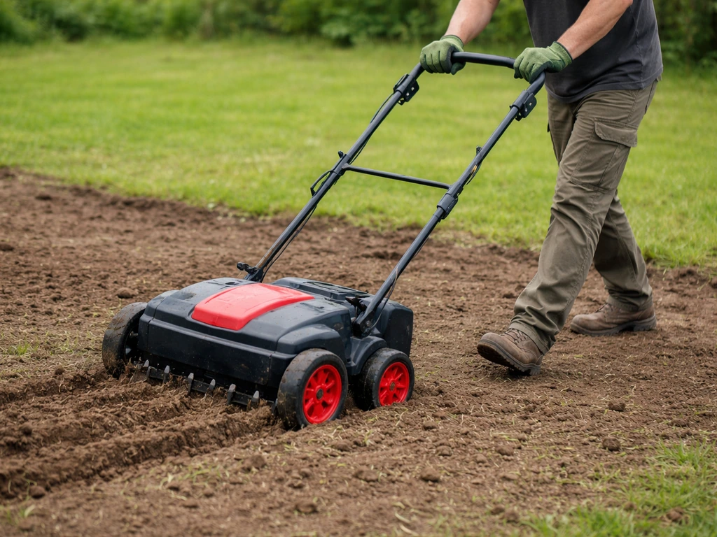 Scarificateur/déchaumeur tiré au sol, l’utilisateur pousse l’outil qui travaille la terre fraîche.