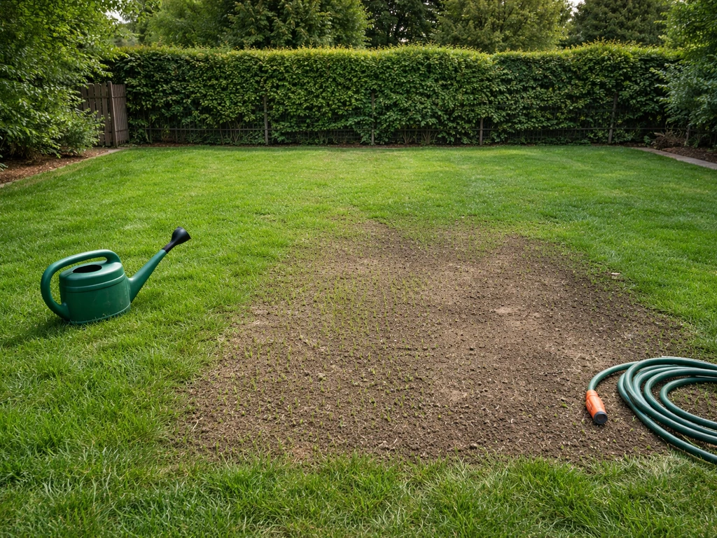 Pelouse de jardin avec une zone regarnie et du semis en cours, arrosage discret, en pleine reprise.