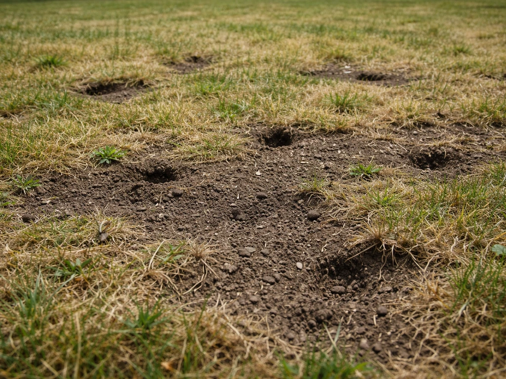 Pelouse avec zones clairsemées et trous, sol compacté visible avant regarnissage