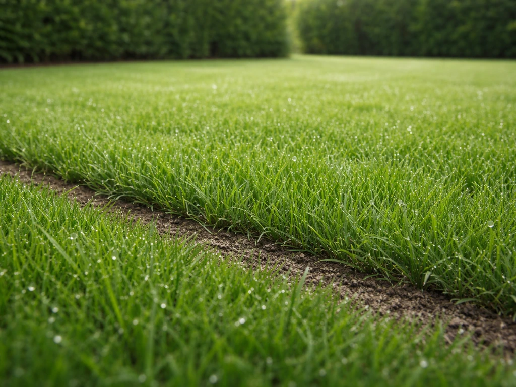 Pelouse dense et homogène après rénovation, vue depuis le jardin avec rosée et texture d’herbe réaliste.