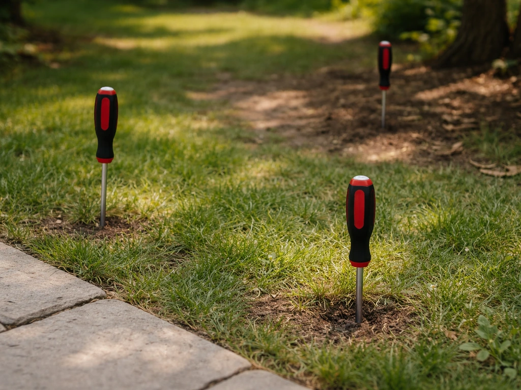 Tournevis enfoncé dans le sol, montrant le test du compactage dans le jardin (près terrasse, passage, sous arbres).