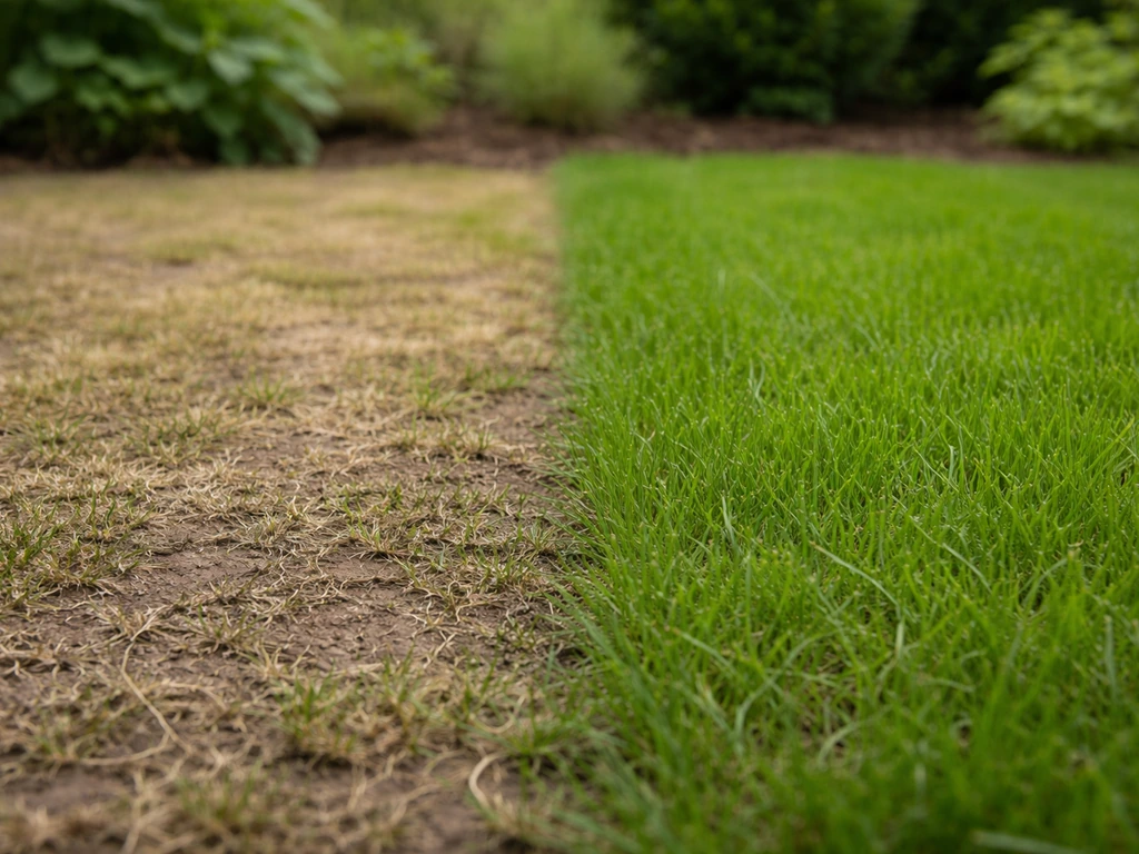 Deux zones de pelouse côte à côte : feutrage et sol compact à gauche, herbe régarnie plus verte à droite.