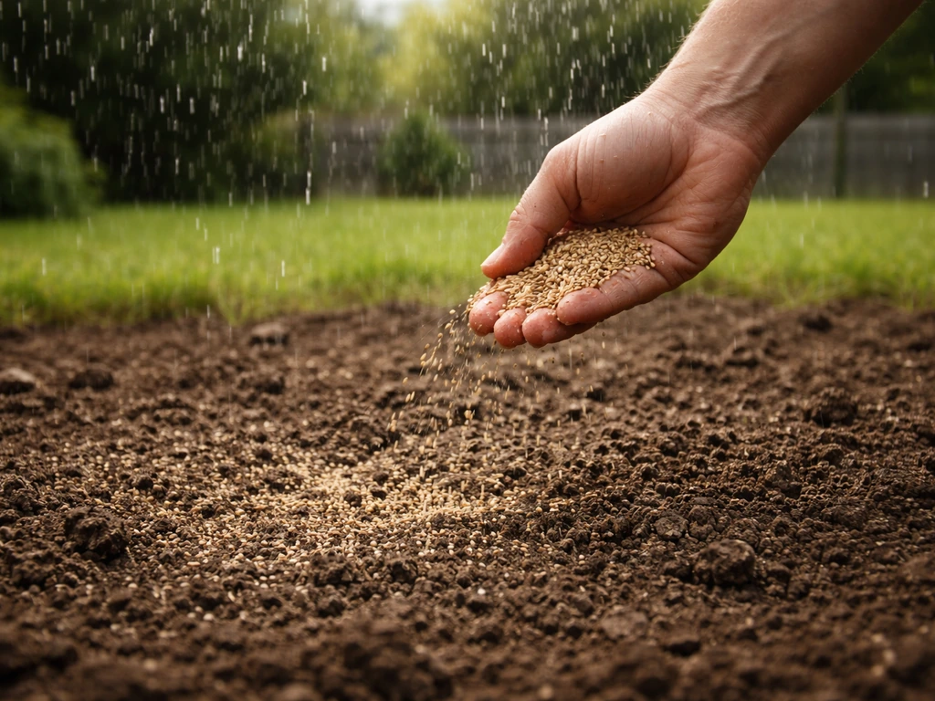 Main épandant des graines de gazon sur un sol préparé, arrosage fin juste après la rénovation.