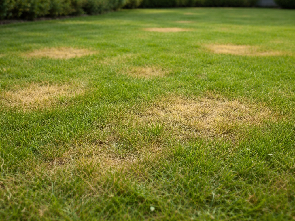 Pelouse de jardin avec zones jaunies par endroits, vue au sol montrant la texture du gazon