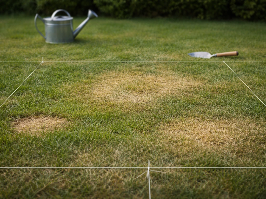 Pelouse vue de près avec plusieurs zones jaunies-beiges et un léger quadrillage au sol pour guider l’observation.