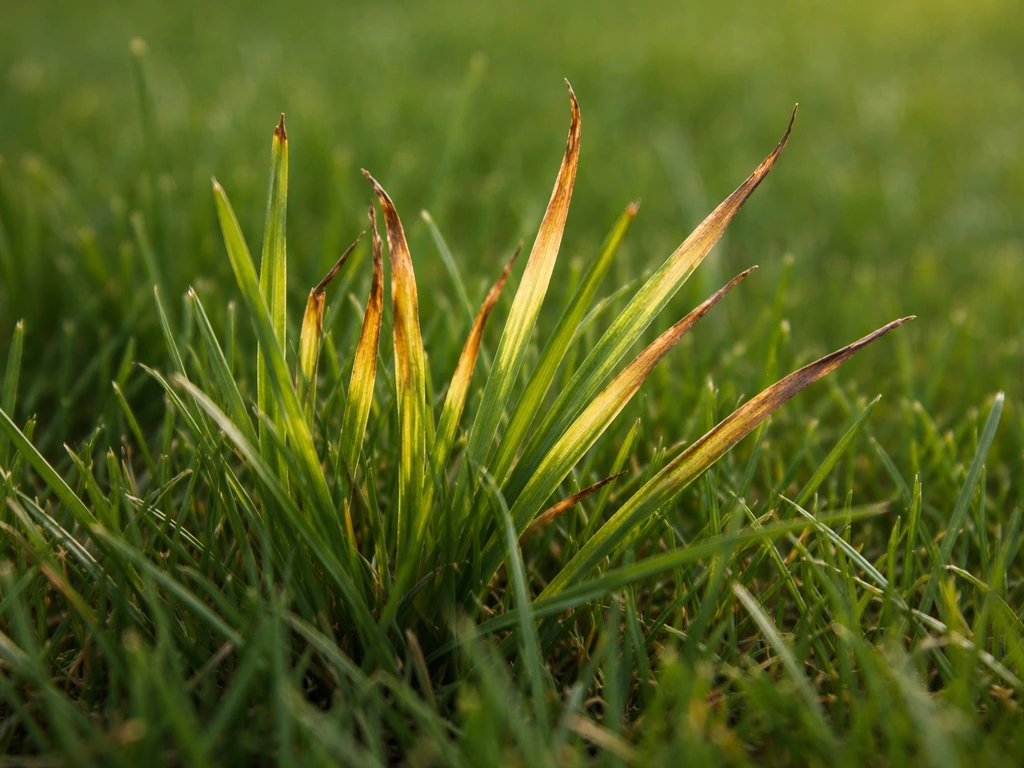 Gros plan de brins d’herbe montrant des stries claires puis jaunissantes et brunies sur une pelouse.