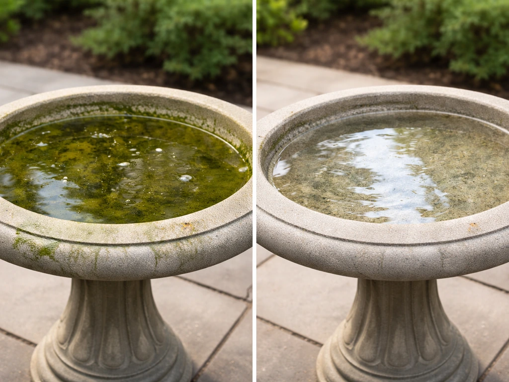 Side-by-side view of a dirty algae-covered bird bath and a freshly rinsed clear basin outdoors.